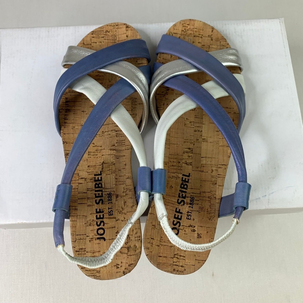 Josef Seibel Womens Henriette Sandal Blue Silver Cross Over Strap Flat Sz 6.5/37 - Picture 6 of 13